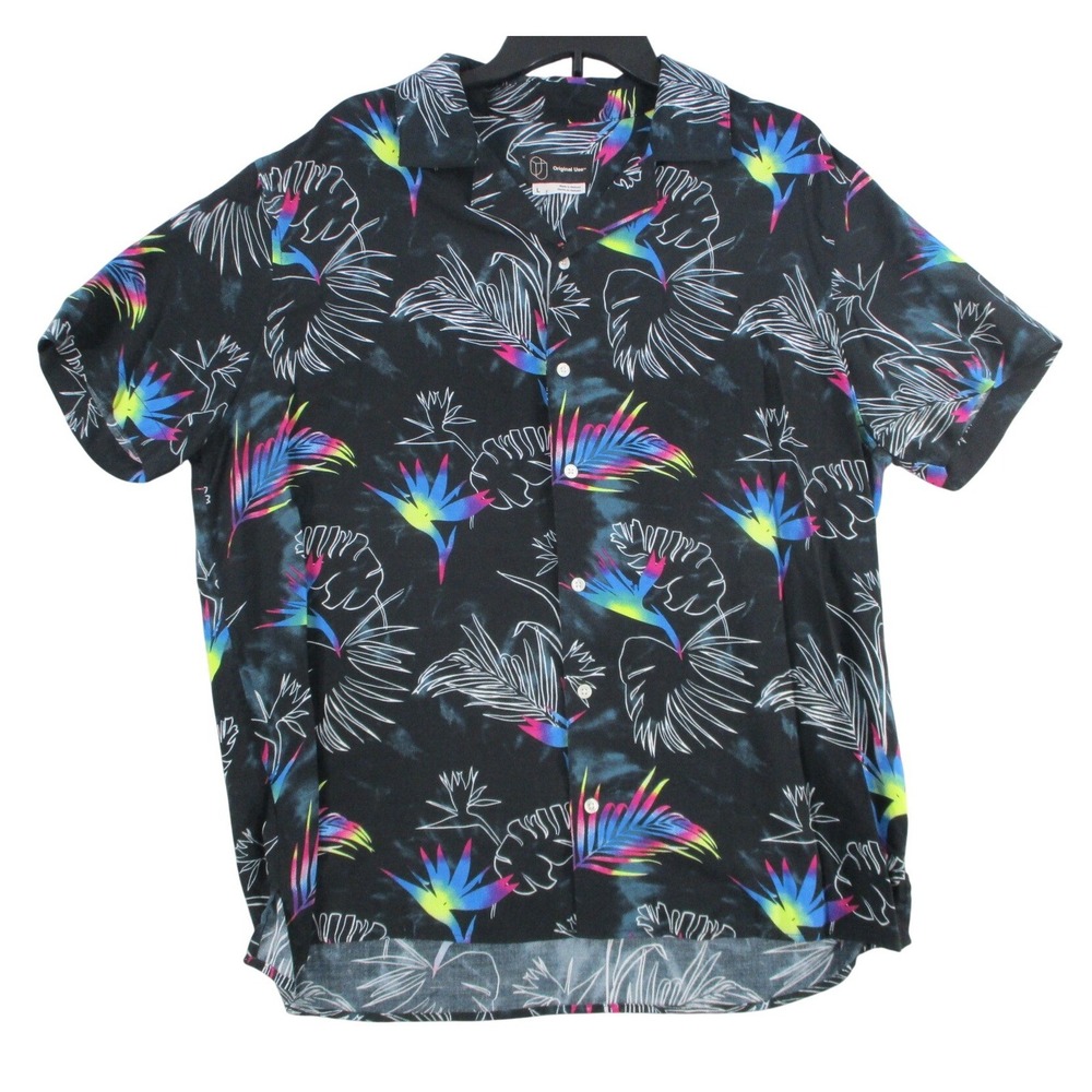 Original Use Mens Tropical Bird of Paradise Palm Print Button Down Shirt Black L